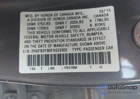 2015 Honda Civic Ex из США, поврежденный, VIN 2HGFB2F80FH533503